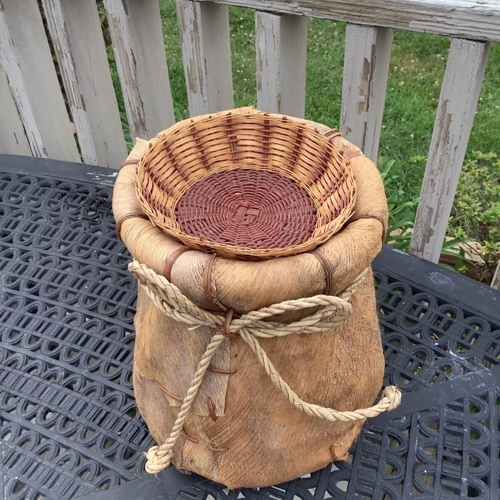 Vintage Leather Woven Coconut Palm Fronds  Boho Planter Basket